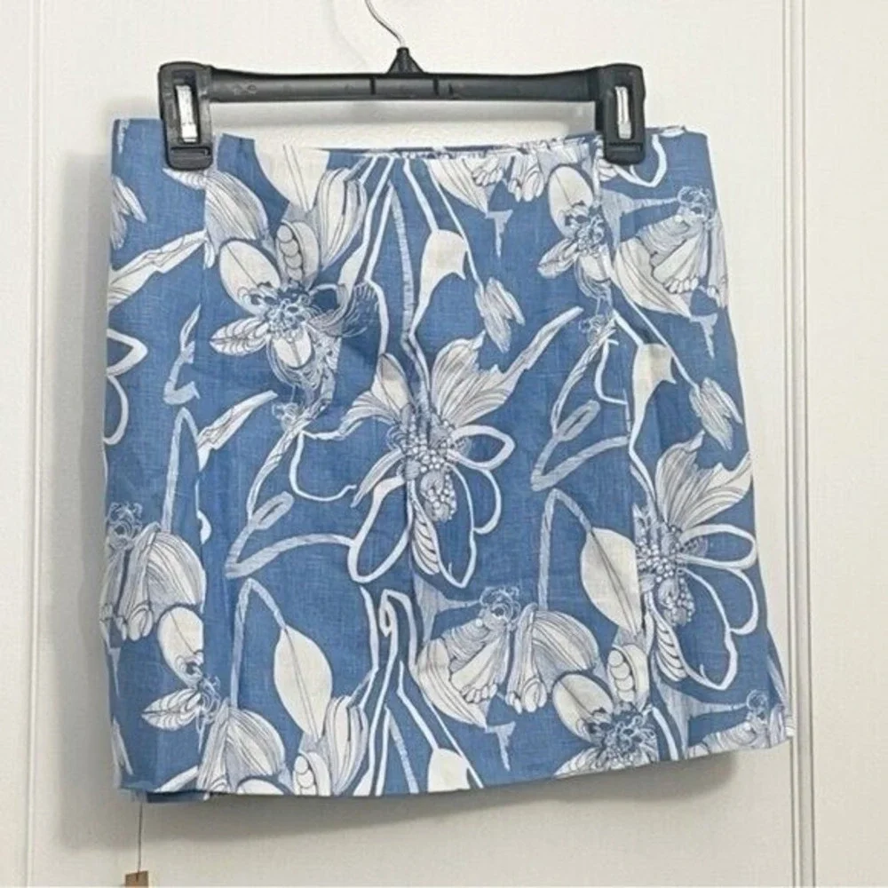Reformation Blue White Floral Linen Two Piece Set Crop Top Mini Skirt | Size‎ 12